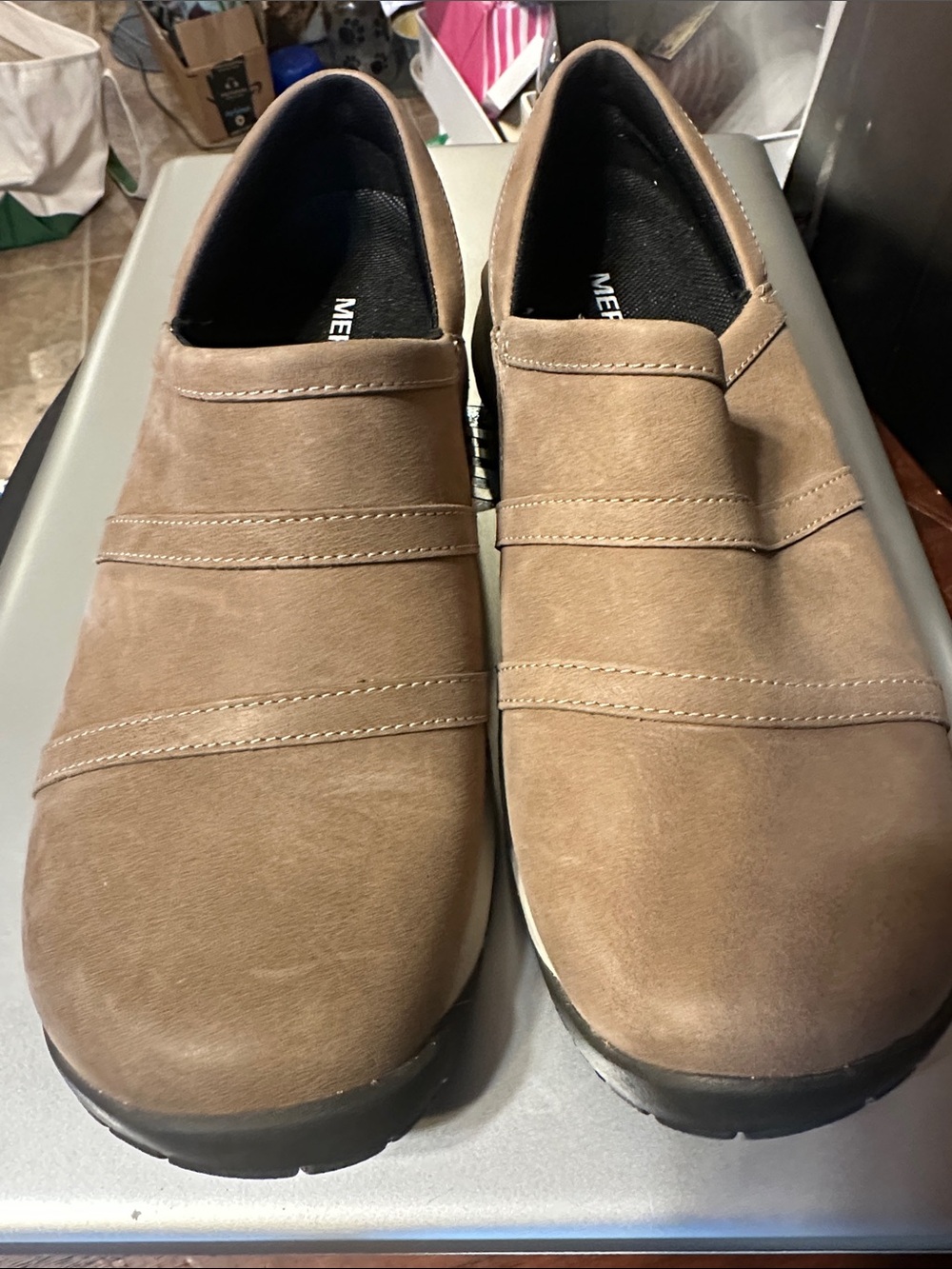 Merrell Women's Slip-On Loafers in Light Brown Suede